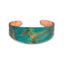 Load image into Gallery viewer, Verdigris Copper Cuff - Etched Hummingbird Bracelet With Rustic Patina Finish