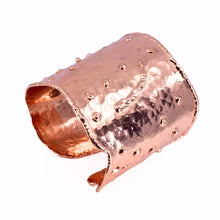 Load image into Gallery viewer, Solid Copper Statement Cuff Bracelet With Dimpled Texture & asymmetrical edging