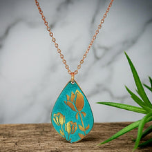Load image into Gallery viewer, Etched Copper Tulip Pendant: Verdigris Patina, Floral Necklace - UrbanroseNYC
