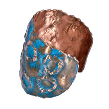 Load image into Gallery viewer, Solid Copper Rustic Patina Cuff Bracelet With Etched Circles - UrbanroseNYC