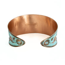 Load image into Gallery viewer, Solid Copper Patina Concave Cuff Bracelet With Hummingbird & Floral Motif - Light Verdigris Patina
