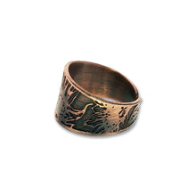 Load image into Gallery viewer, Etched Sunflower Ring - Rustic Copper Band with Sunflower Motif, Antique Finish
