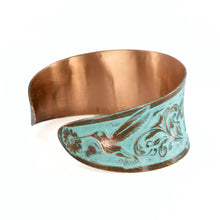Load image into Gallery viewer, Solid Copper Patina Concave Cuff Bracelet With Hummingbird & Floral Motif - Light Verdigris Patina