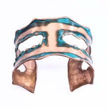Load image into Gallery viewer, Solid Copper Rustic Patina Cuff Bracelet With Asymmetrical Cutouts