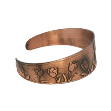 Load image into Gallery viewer, Copper Cuff Bracelet - Handmade Etched Tulip Cuff With Antique Copper Finish