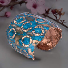 Load image into Gallery viewer, Solid Copper Rustic Patina Cuff Bracelet With Etched Circles - UrbanroseNYC