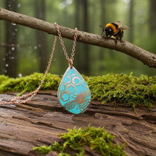 Load image into Gallery viewer, Etched Copper Bumblebee Pendant Necklace: Verdigris Patina, 22" Chain - UrbanroseNYC