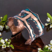 Load image into Gallery viewer, Solid Copper Rustic Patina Cuff Bracelet With Asymmetrical Cutouts