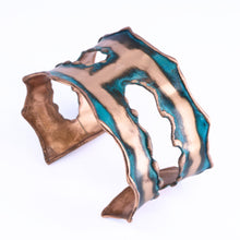 Load image into Gallery viewer, Solid Copper Rustic Patina Cuff Bracelet With Asymmetrical Cutouts