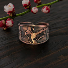 Load image into Gallery viewer, Etched Copper Ring - Rustic Copper Band with Hummingbird Motif, Antique Finish