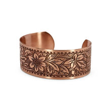 Load image into Gallery viewer, A copper-colored bracelet with an intricate floral design.