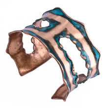 Load image into Gallery viewer, Solid Copper Rustic Patina Cuff Bracelet With Asymmetrical Cutouts