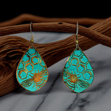 Load image into Gallery viewer, Etched Bumblebee Copper Earrings: Rustic Verdigris Patina Teardrops (Flora & Fauna Collection) - UrbanroseNYC