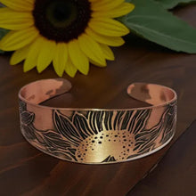 Load image into Gallery viewer, Copper Cuff Bracelet - Handmade Etched Sunflower Cuff With Antique Copper Finish