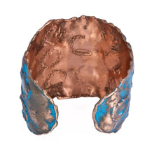 Load image into Gallery viewer, Solid Copper Rustic Patina Cuff Bracelet With Etched Circles - UrbanroseNYC