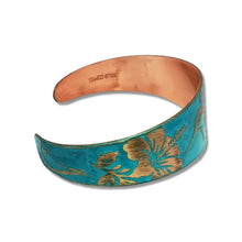 Load image into Gallery viewer, Verdigris Copper Cuff - Etched Hummingbird Bracelet With Rustic Patina Finish