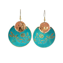 Load image into Gallery viewer, Flora & Fauna Copper Earrings, Dragonfly Split Circle Verdigris Patina Dangle Style - UrbanroseNYC