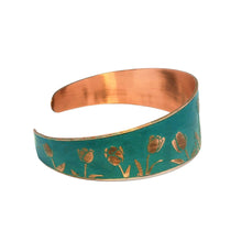 Load image into Gallery viewer, Verdigris Copper Cuff - Etched Tulip Bracelet With Rustic Patina Finish
