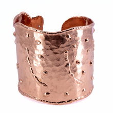 Load image into Gallery viewer, Solid Copper Statement Cuff Bracelet With Dimpled Texture & asymmetrical edging
