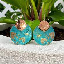 Load image into Gallery viewer, Flora & Fauna Copper Earrings, Bumblebee Split Circle Verdigris Patina Dangle Style - UrbanroseNYC