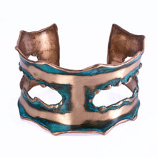 Load image into Gallery viewer, Solid Copper Rustic Patina Cuff Bracelet With Asymmetrical Cutouts