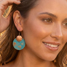 Load image into Gallery viewer, Flora & Fauna Copper Earrings, Bumblebee Split Circle Verdigris Patina Dangle Style - UrbanroseNYC