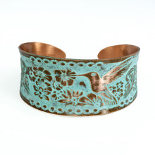 Load image into Gallery viewer, Solid Copper Patina Concave Cuff Bracelet With Hummingbird & Floral Motif - Light Verdigris Patina