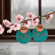 Load image into Gallery viewer, Flora & Fauna Copper Earrings, Dragonfly Split Circle Verdigris Patina Dangle Style - UrbanroseNYC