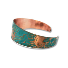 Load image into Gallery viewer, Verdigris Copper Cuff - Etched Sunflower Bracelet With Rustic Patina Finish