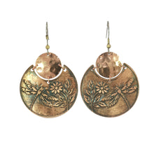 Load image into Gallery viewer, Flora & Fauna Copper Earrings, Dragonfly Split Circle Antique Copper Dangle Style - UrbanroseNYC
