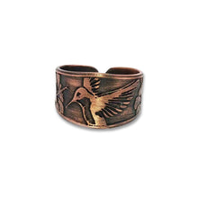 Load image into Gallery viewer, Etched Copper Ring - Rustic Copper Band with Hummingbird Motif, Antique Finish
