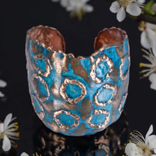 Load image into Gallery viewer, Solid Copper Rustic Patina Cuff Bracelet With Etched Circles - UrbanroseNYC