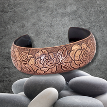 Load image into Gallery viewer, Solid Copper Domed Cuff - Rose Design UrbanroseNYC
