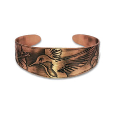 Load image into Gallery viewer, Copper Cuff Bracelet - Handmade Etched Hummingbird Cuff With Antique Copper Finish