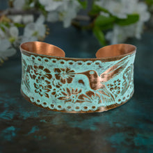 Load image into Gallery viewer, Solid Copper Patina Concave Cuff Bracelet With Hummingbird & Floral Motif - Light Verdigris Patina