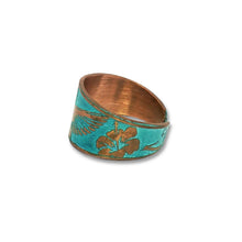 Load image into Gallery viewer, Verdigris Hummingbird Ring - Rustic Copper Band With Etched Hummingbird Motif