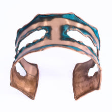 Load image into Gallery viewer, Solid Copper Rustic Patina Cuff Bracelet With Asymmetrical Cutouts