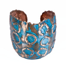 Load image into Gallery viewer, Solid Copper Rustic Patina Cuff Bracelet With Etched Circles - UrbanroseNYC