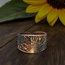 Load image into Gallery viewer, Etched Sunflower Ring - Rustic Copper Band with Sunflower Motif, Antique Finish
