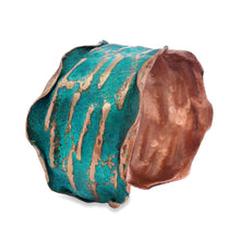 Load image into Gallery viewer, a unique, handcrafted bracelet made of copper and turquoise materials. The bracelet has a distinctive, textured design with a combination of green and brown tones, giving it a distinctive and eye-catching appearance.