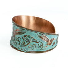 Load image into Gallery viewer, Solid Copper Patina Concave Cuff Bracelet With Hummingbird & Floral Motif - Light Verdigris Patina