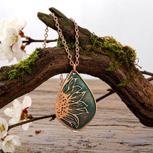 Load image into Gallery viewer, Etched Copper Sunflower Pendant: Antique Patina, Copper Snake or Cable chain - UrbanroseNYC