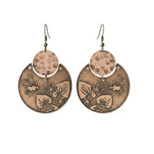 Load image into Gallery viewer, Flora & Fauna Copper Earrings, Bumblebee Split Circle Antique Copper Dangle Style - UrbanroseNYC