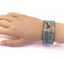 Load image into Gallery viewer, Solid Copper Patina Concave Cuff Bracelet With Hummingbird & Floral Motif - Light Verdigris Patina