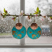 Load image into Gallery viewer, Flora & Fauna Copper Earrings, Bumblebee Split Circle Verdigris Patina Dangle Style - UrbanroseNYC