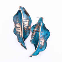 Load image into Gallery viewer, Solid Copper Rustic Patina Leaf Post Earrings