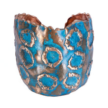 Load image into Gallery viewer, Solid Copper Rustic Patina Cuff Bracelet With Etched Circles - UrbanroseNYC