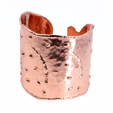 Load image into Gallery viewer, Solid Copper Statement Cuff Bracelet With Dimpled Texture & asymmetrical edging