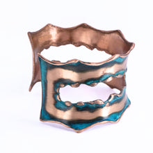 Load image into Gallery viewer, Solid Copper Rustic Patina Cuff Bracelet With Asymmetrical Cutouts