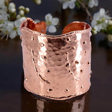 Load image into Gallery viewer, Solid Copper Statement Cuff Bracelet With Dimpled Texture & asymmetrical edging